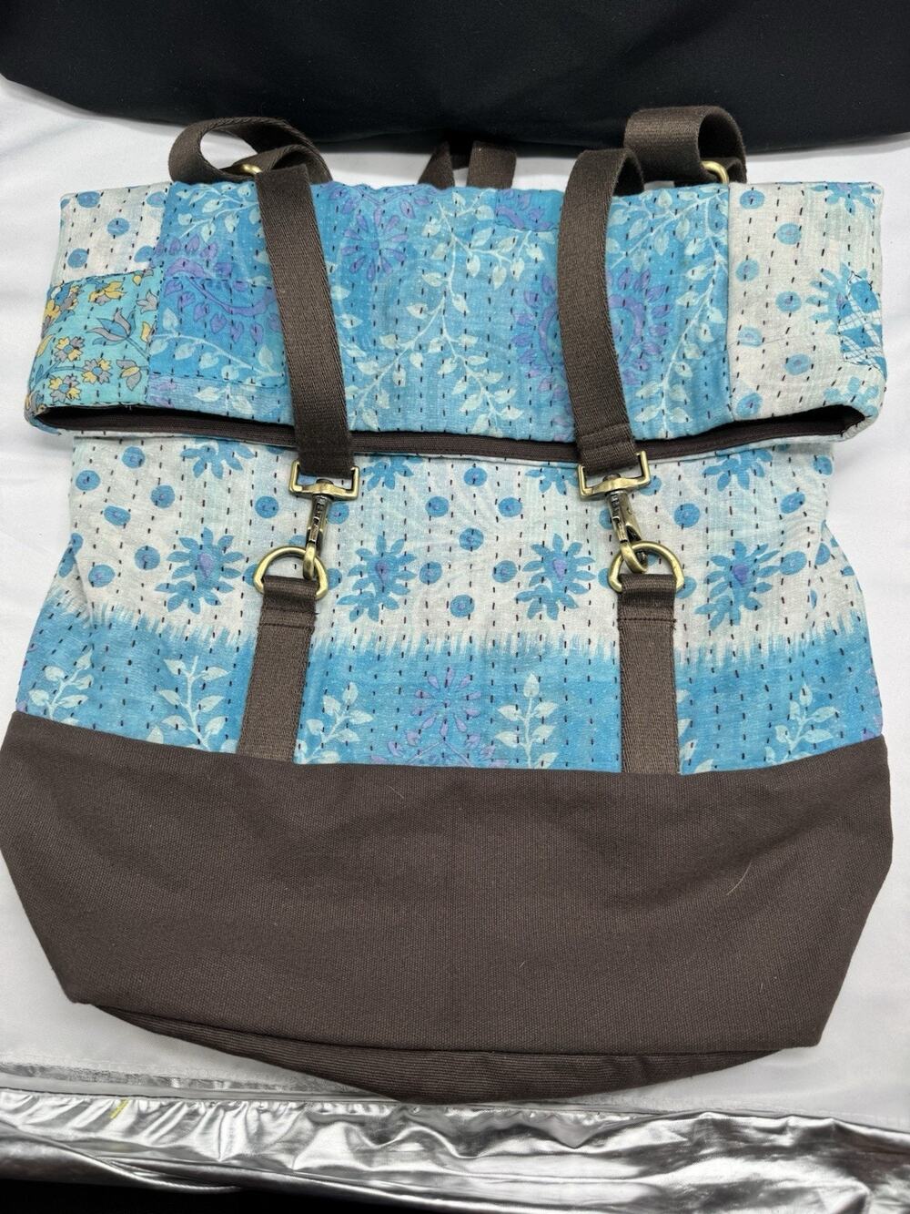 Sari Bari Fair Trade Bag Back Pack Blue Hand Made Made in India Boho Upcycled